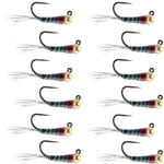 Set of 12 tungsten black Perdigon trout wet flies in size 18 for fly fishing, crafted by The Fly Fishing Place.