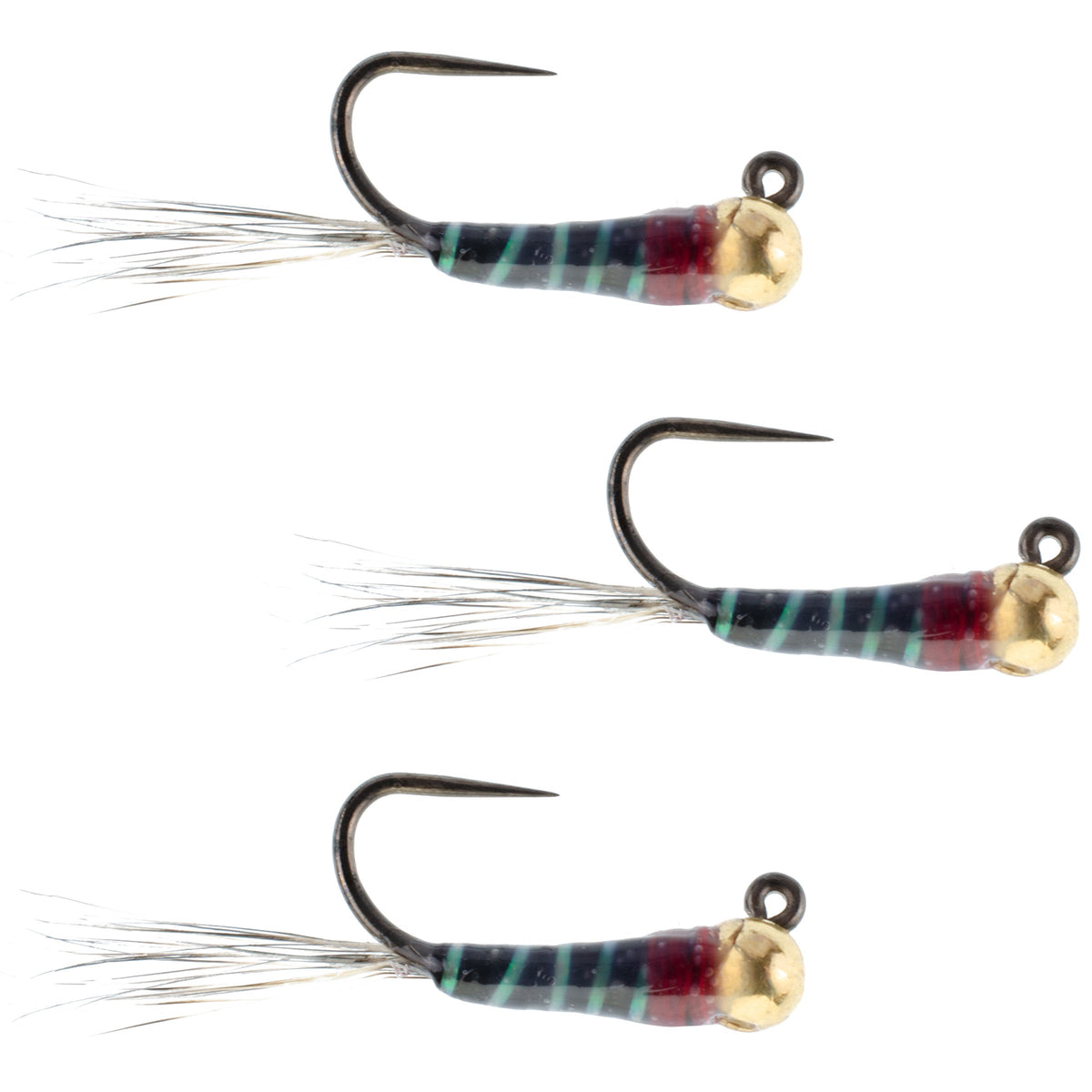 Set of three black tungsten Perdigon nymph fishing flies, size 16, designed for trout fishing, by The Fly Fishing Place.
