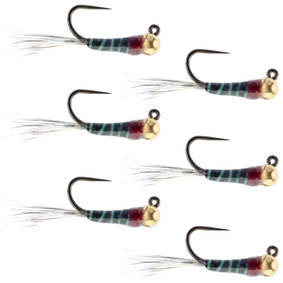Set of six black tungsten bead perdigon Euro nymph flies for trout, size 18, designed for tactical fly fishing by The Fly Fishing Place.