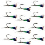 Set of 12 tungsten Gasolina Perdigon Euro Nymph trout wet flies for fly fishing, size 18, by The Fly Fishing Place.