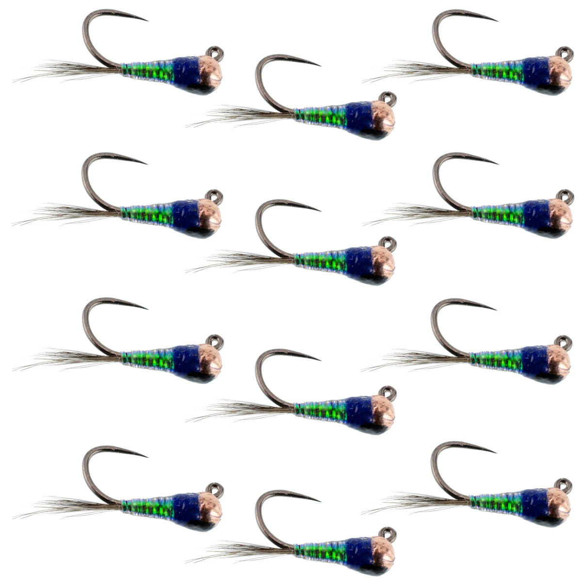 Set of 12 tungsten Gasolina Perdigon Euro Nymph trout wet flies for fly fishing, size 18, by The Fly Fishing Place.