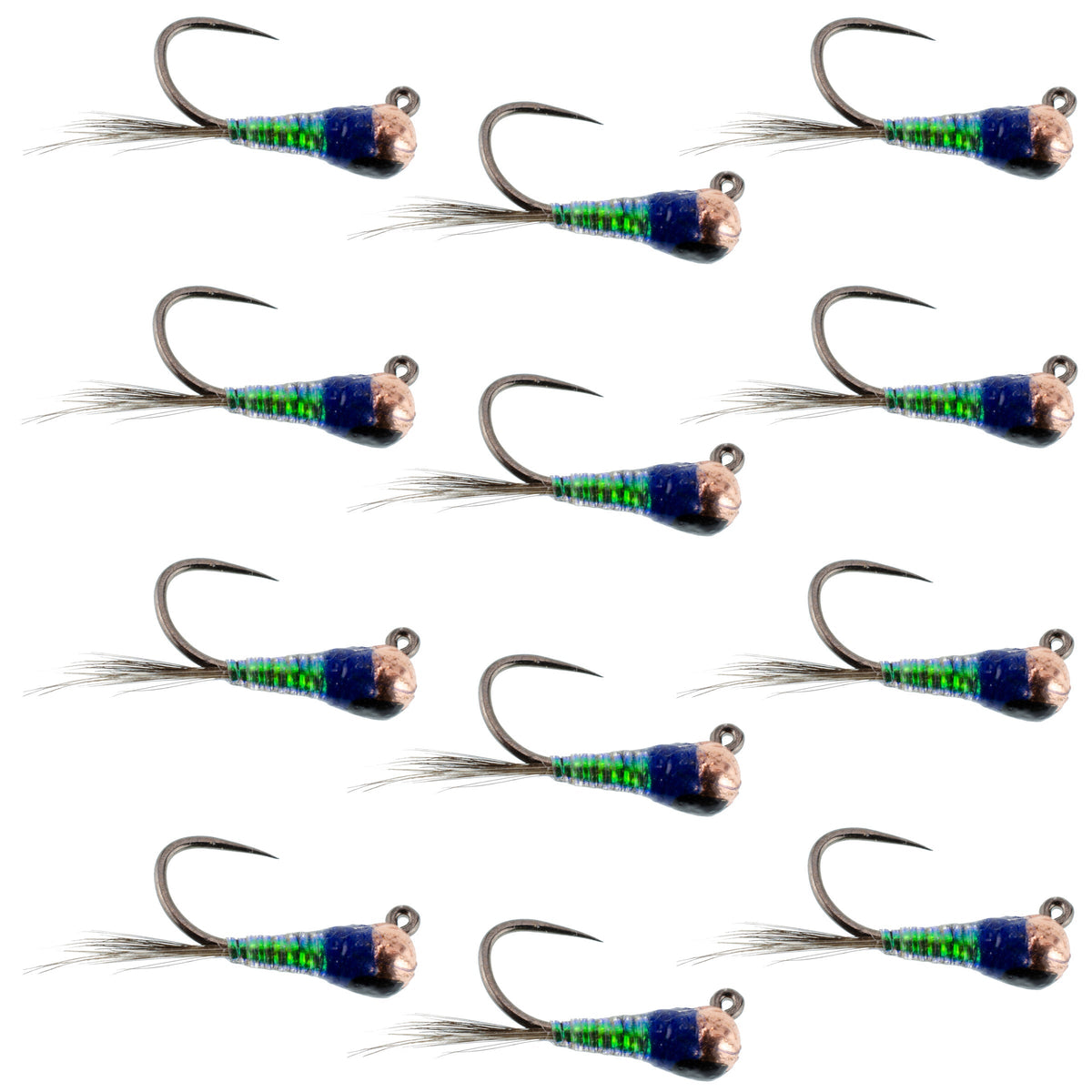 Set of 12 Tungsten Gasolina Perdigon Nymph wet flies for trout fishing, size 14, from The Fly Fishing Place.