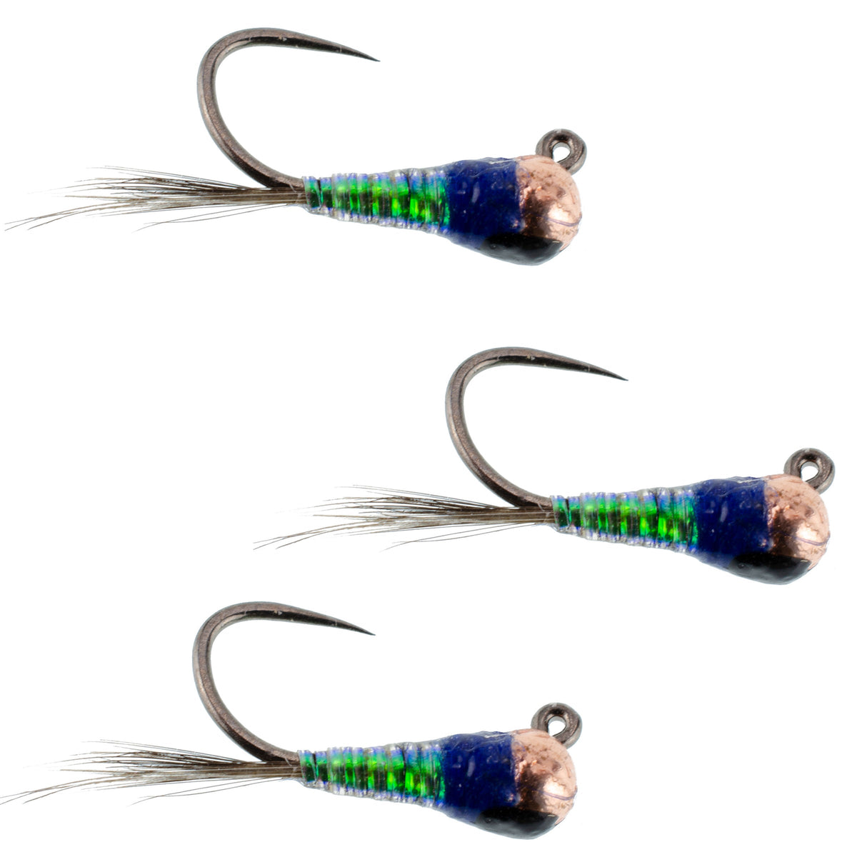 Set of three tungsten gasolina perdigon nymphs for fly fishing, size 18, designed for trout wet fly fishing.