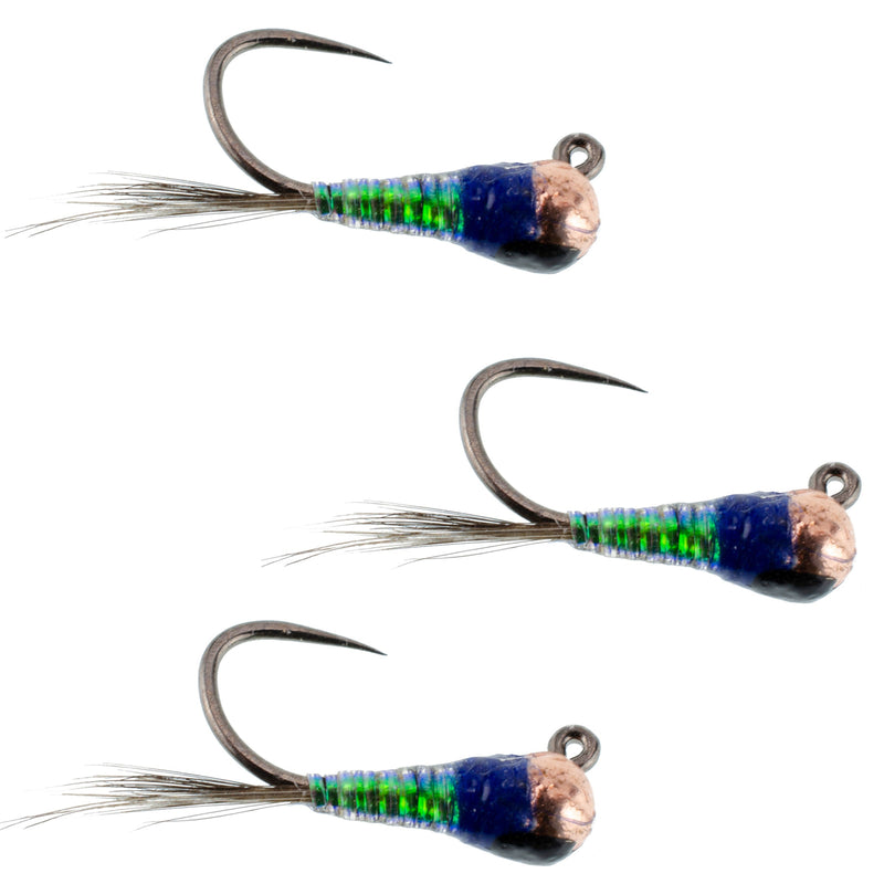 Set of three tungsten gasolina perdigon nymphs for fly fishing, size 18, designed for trout wet fly fishing.