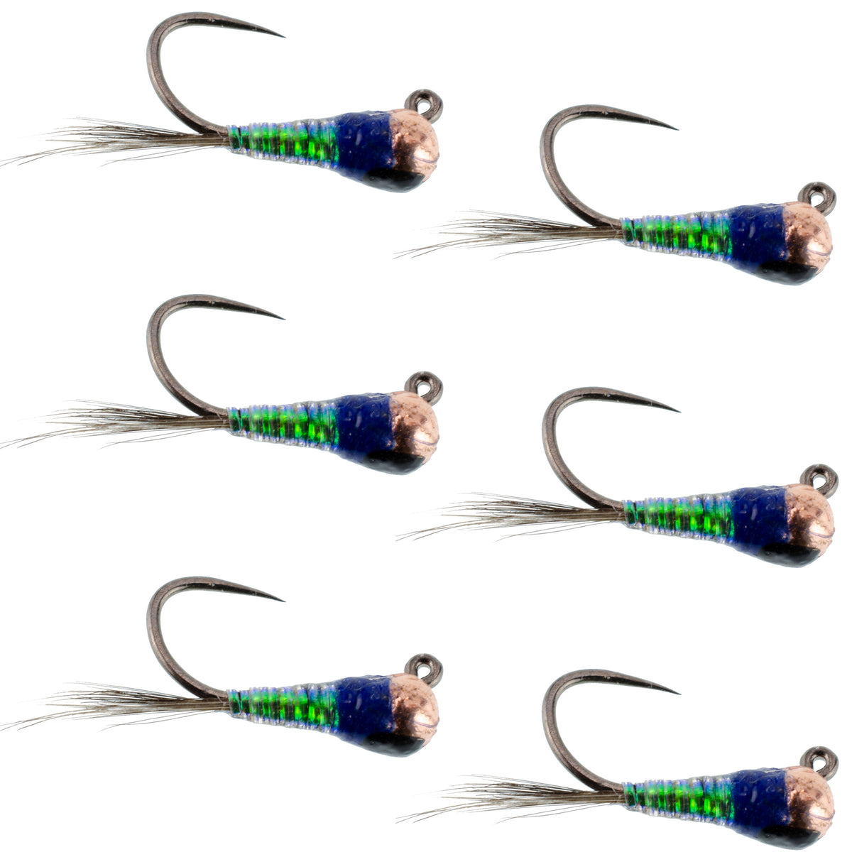 Set of 6 tungsten gasolina perdigon tactical nymph flies for trout fishing, size 16, designed for euro nymph and fly fishing.