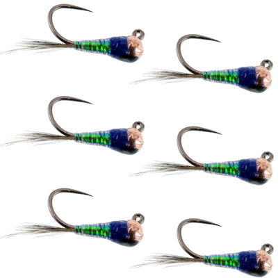 Set of 6 tungsten gasolina perdigon tactical nymph flies for trout fishing, size 16, designed for euro nymph and fly fishing.