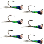 Set of six tungsten gasolina perdigon nymph flies for trout fishing, size 18, by The Fly Fishing Place.