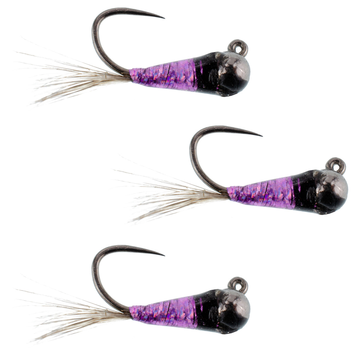 Set of three tungsten purple Perdigon tactical jig euro nymph flies for trout fishing, size 18, by The Fly Fishing Place.