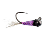 Three purple tungsten Perdigon nymph flies for trout fishing, size 16, featuring tactical euro nymph fly design.