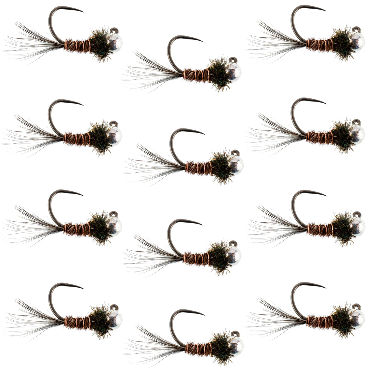Set of 12 tungsten pheasant tail tactical Czech nymph euro jigs for trout fishing, size 14, by The Fly Fishing Place
