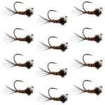 Set of 12 tungsten pheasant tail tactical Czech nymph Euro jigs for trout fishing, size 16, by The Fly Fishing Place.