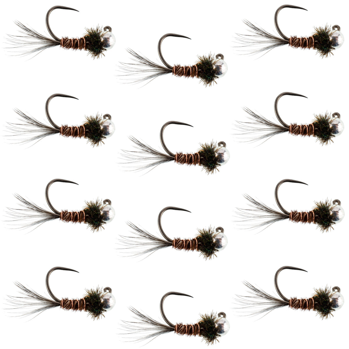 Set of 12 tungsten pheasant tail tactical Czech nymph Euro jigs for trout fishing, size 16, by The Fly Fishing Place.
