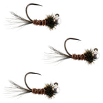 Set of three tungsten pheasant tail trout wet flies for euro nymphing, size 12, featuring realistic feather and tungsten jig hooks.