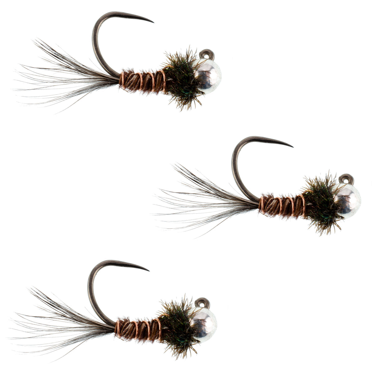 Set of three tungsten pheasant tail nymph flies for trout fishing, size 14, designed for euro nymphing and fly fishing.