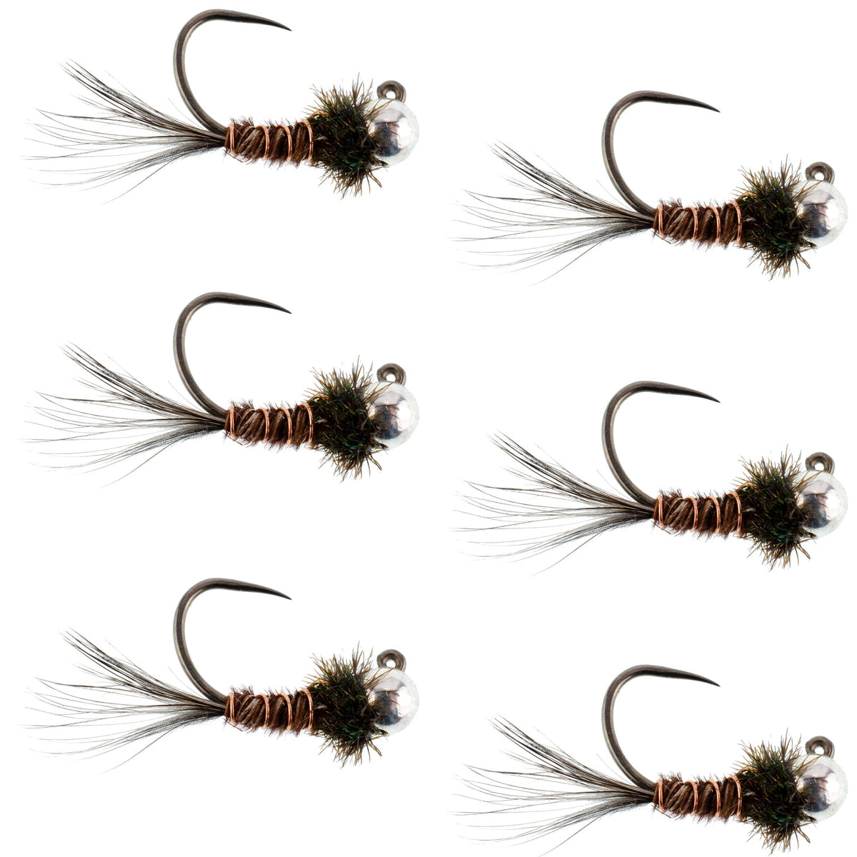 Set of 6 tungsten Pheasant Tail tactical nymph Euro jigs for trout fishing, size 14, by The Fly Fishing Place.
