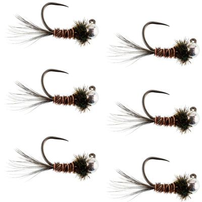 Set of 6 tungsten Pheasant Tail tactical nymph Euro jigs for trout fishing, size 14, by The Fly Fishing Place.