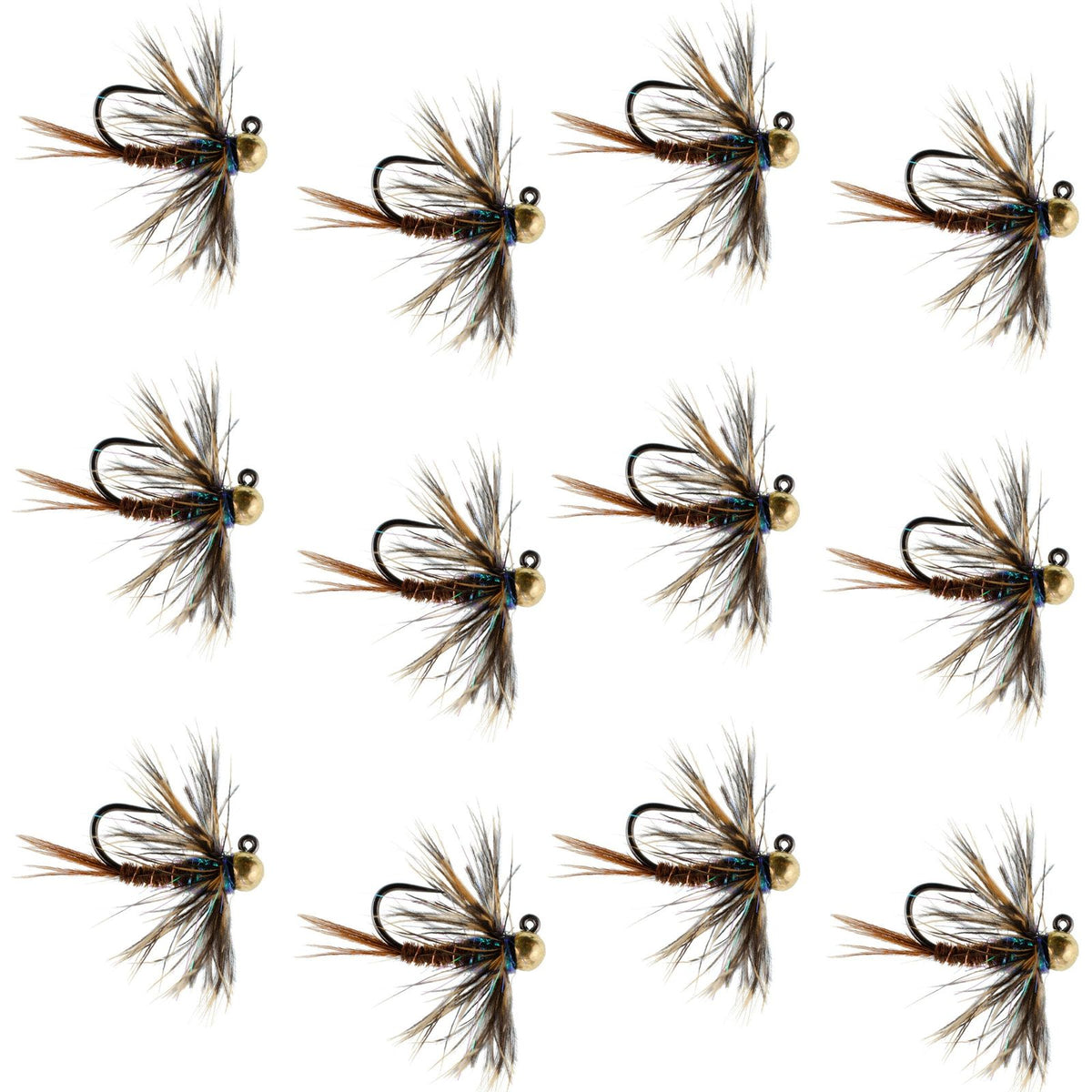 Set of 12 tungsten soft hackle pheasant tail tactical euro jig flies for trout fishing, size 16, by The Fly Fishing Place.