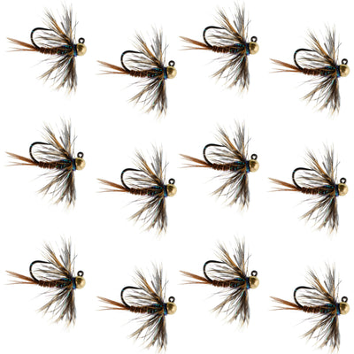 Set of 12 tungsten soft hackle pheasant tail tactical euro jig flies for trout fishing, size 16, by The Fly Fishing Place.