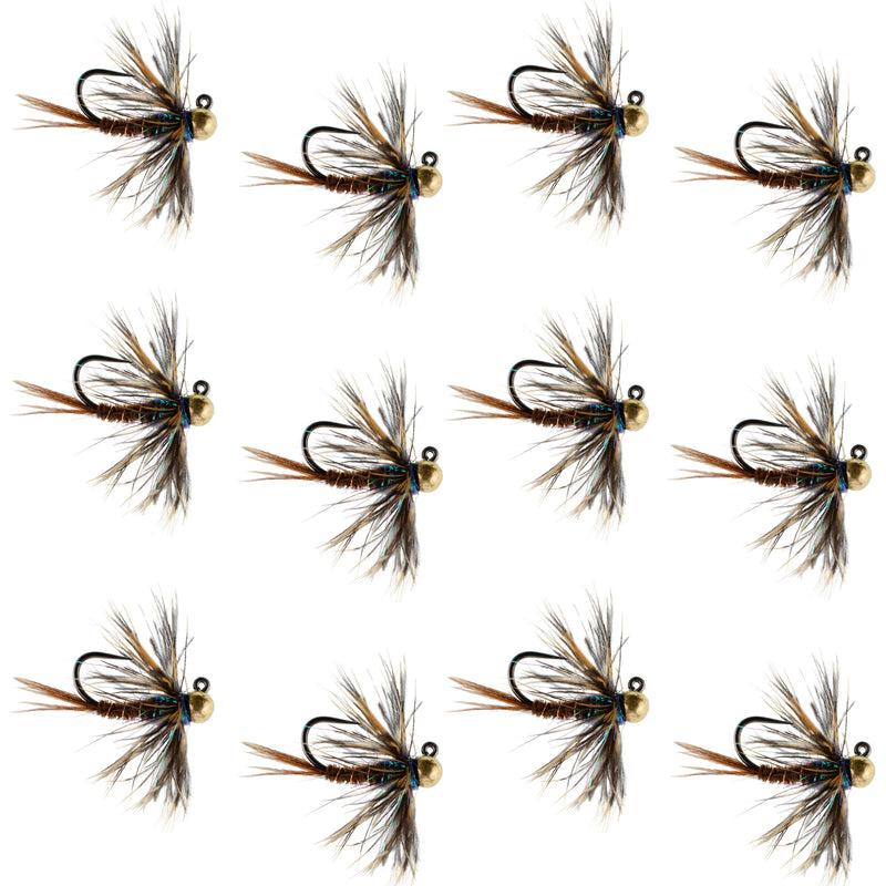 Set of 12 tungsten soft hackle pheasant tail tactical euro jig flies for trout fishing, size 16, by The Fly Fishing Place.