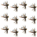Set of 12 Tungsten Soft Hackle Pheasant Tail Euro Jig Flies for trout fishing, size 14, featuring realistic feather details.