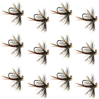 Set of 12 Tungsten Soft Hackle Pheasant Tail Euro Jig Flies for trout fishing, size 14, featuring realistic feather details.