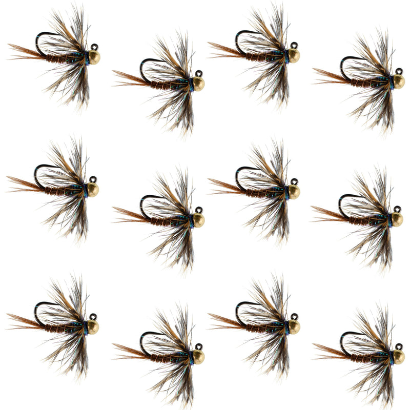 Set of 12 Tungsten Soft Hackle Pheasant Tail Euro Jig Flies for trout fishing, size 14, featuring realistic feather details.