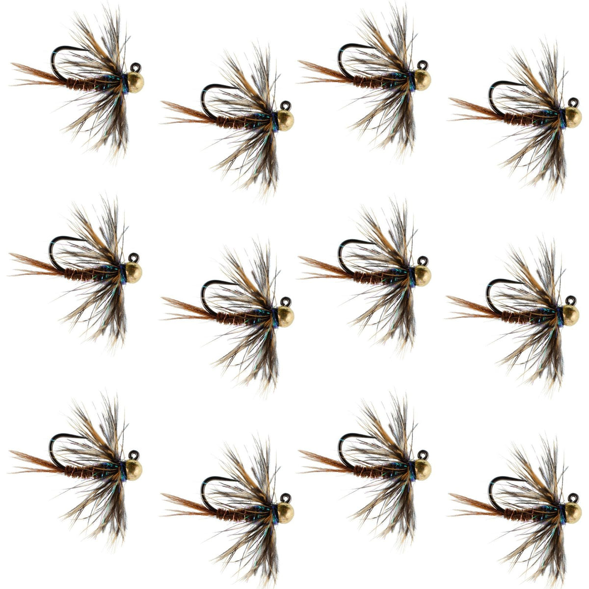Set of 12 tungsten soft hackle pheasant tail euro jig flies for trout fishing, featuring realistic feather and tungsten bead
