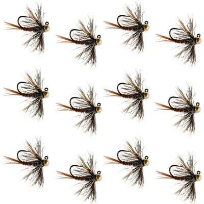 Set of 12 tungsten soft hackle pheasant tail euro jig flies for trout fishing, featuring realistic feather and tungsten bead details.