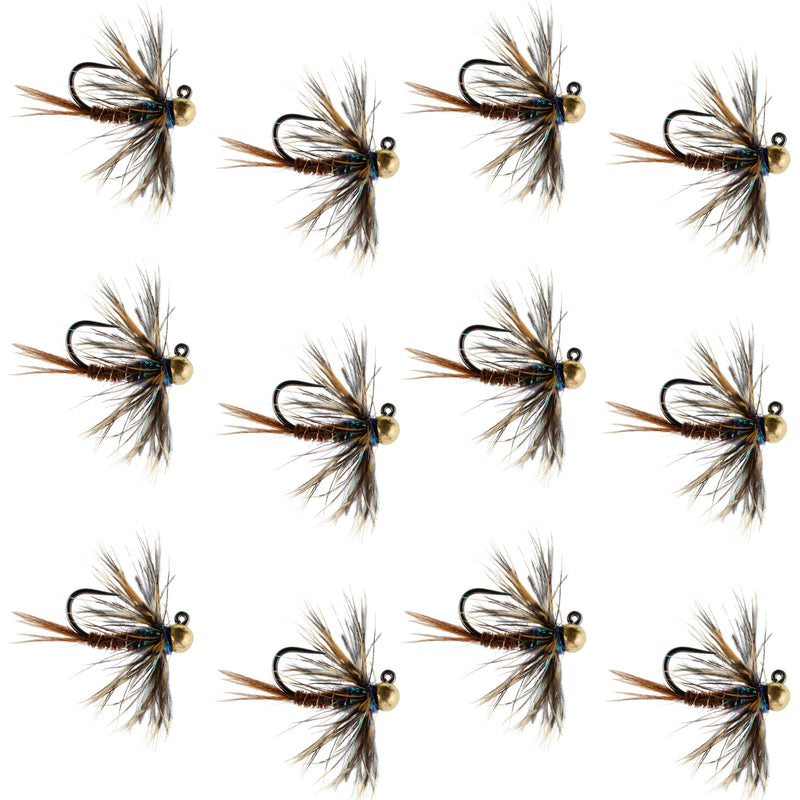 Set of 12 tungsten soft hackle pheasant tail euro jig flies for trout fishing, featuring realistic feather and tungsten bead details.