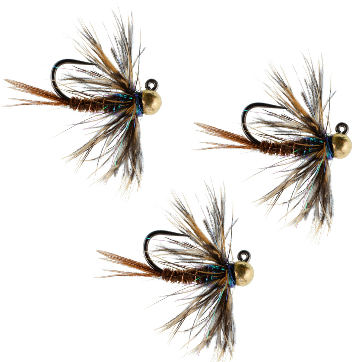 Set of 3 tungsten soft hackle pheasant tail Euro jigs for trout fishing, hook size 14, with detailed feather and tungsten head.