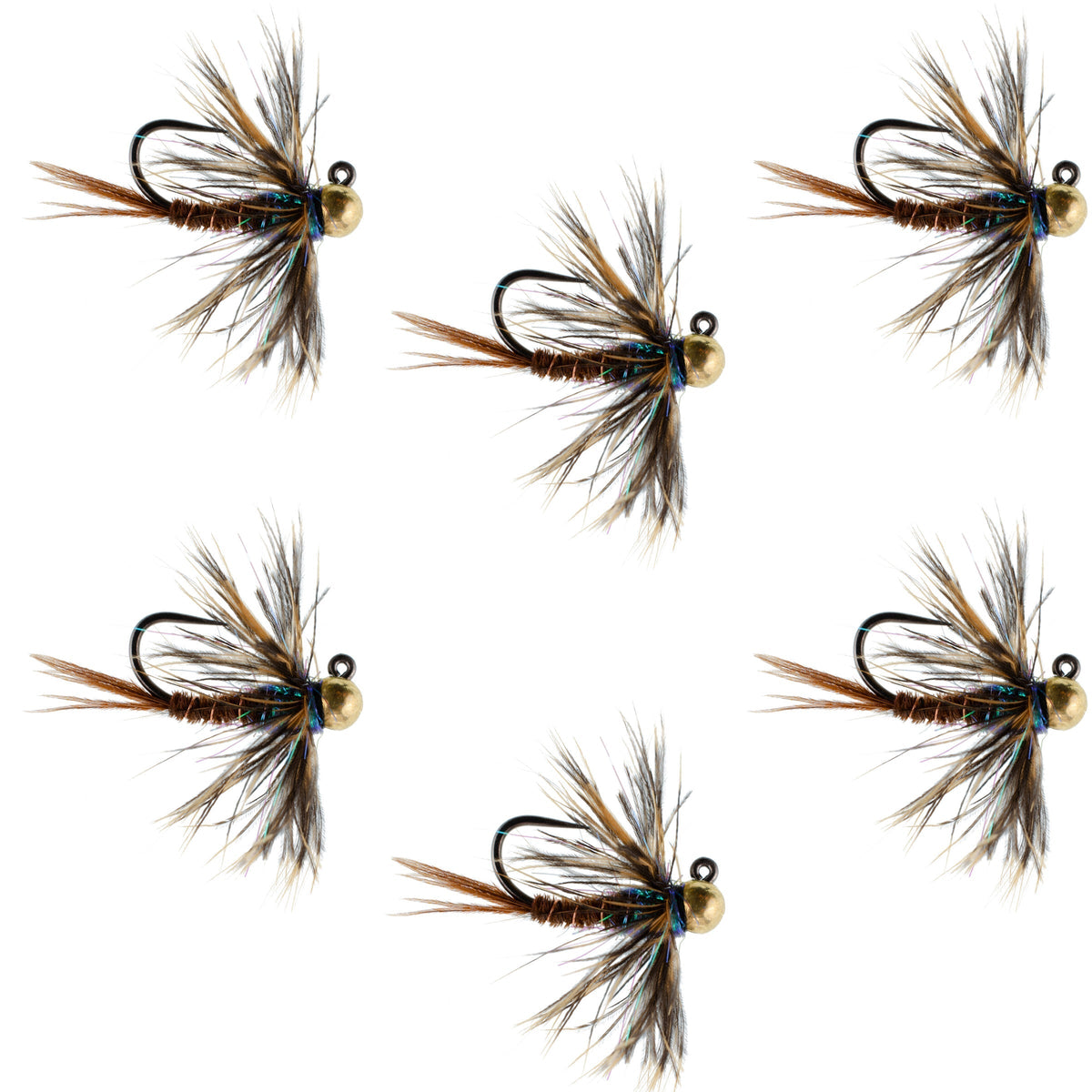 Set of six tungsten soft hackle pheasant tail tactical nymph euro jig flies for trout fishing, size 16, by The Fly Fishing Place.