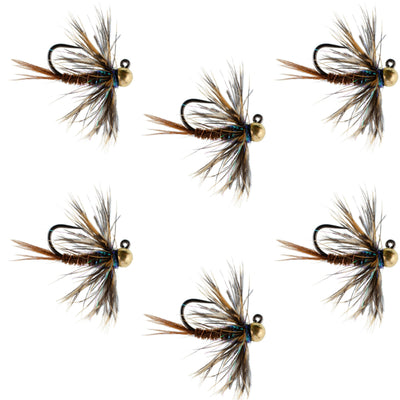 Set of six tungsten soft hackle pheasant tail tactical nymph euro jig flies for trout fishing, size 16, by The Fly Fishing Place.