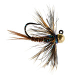 Tungsten soft hackle pheasant tail euro jig for trout fishing, size 16, with a tungsten head and soft hackle feather tail.