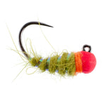 Three tungsten hot bead Walt's worm jig flies for trout, size 12, used in tactical Czech nymphing and euro nymphing techniques.