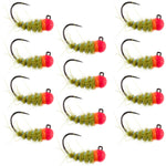 Set of 12 tungsten hot bead Walt's worm jigs for Czech nymphing, trout wet flies, size 12, by The Fly Fishing Place.