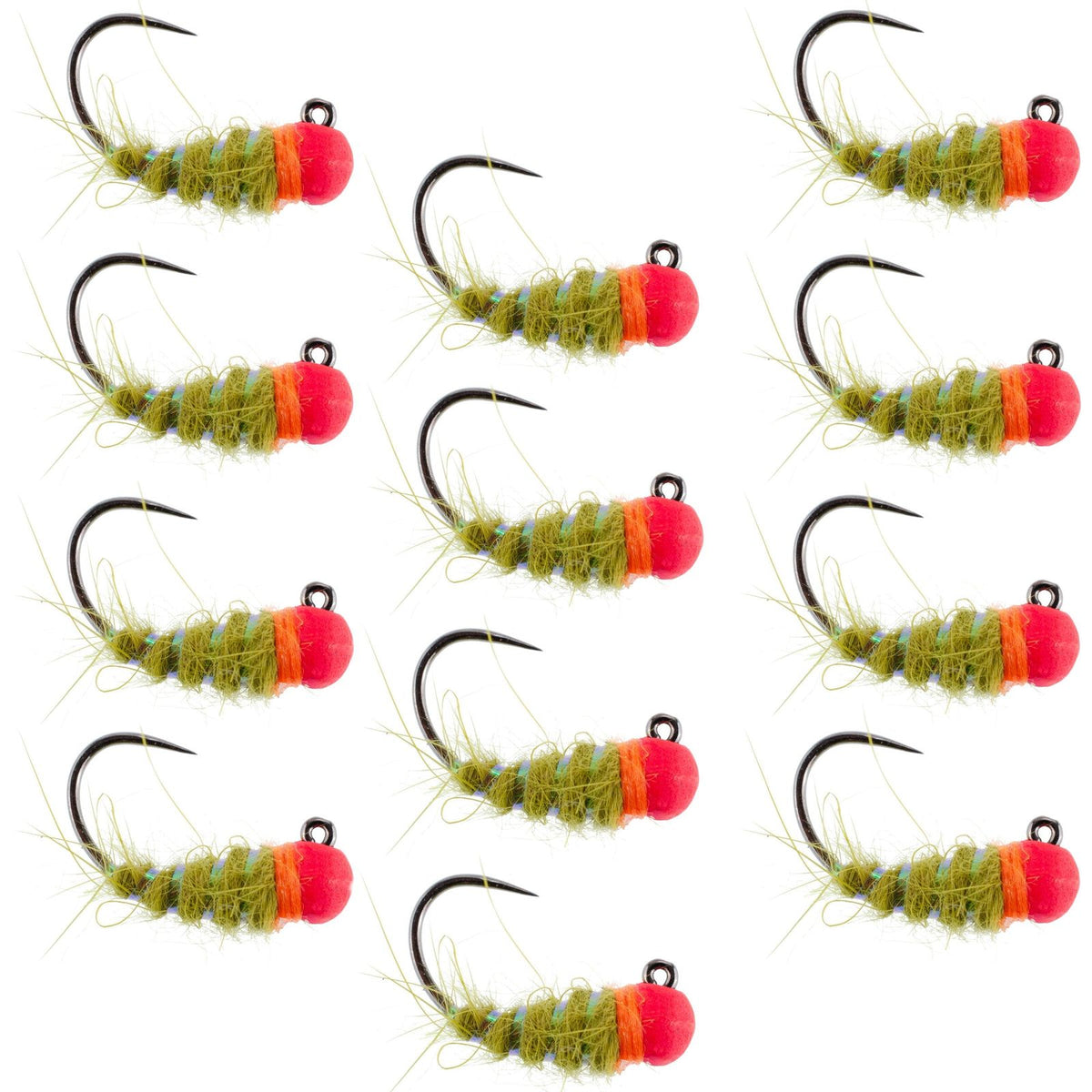 Set of 12 tungsten hot bead Walt's worm jigs for Czech nymphing, trout wet flies, size 12, by The Fly Fishing Place.