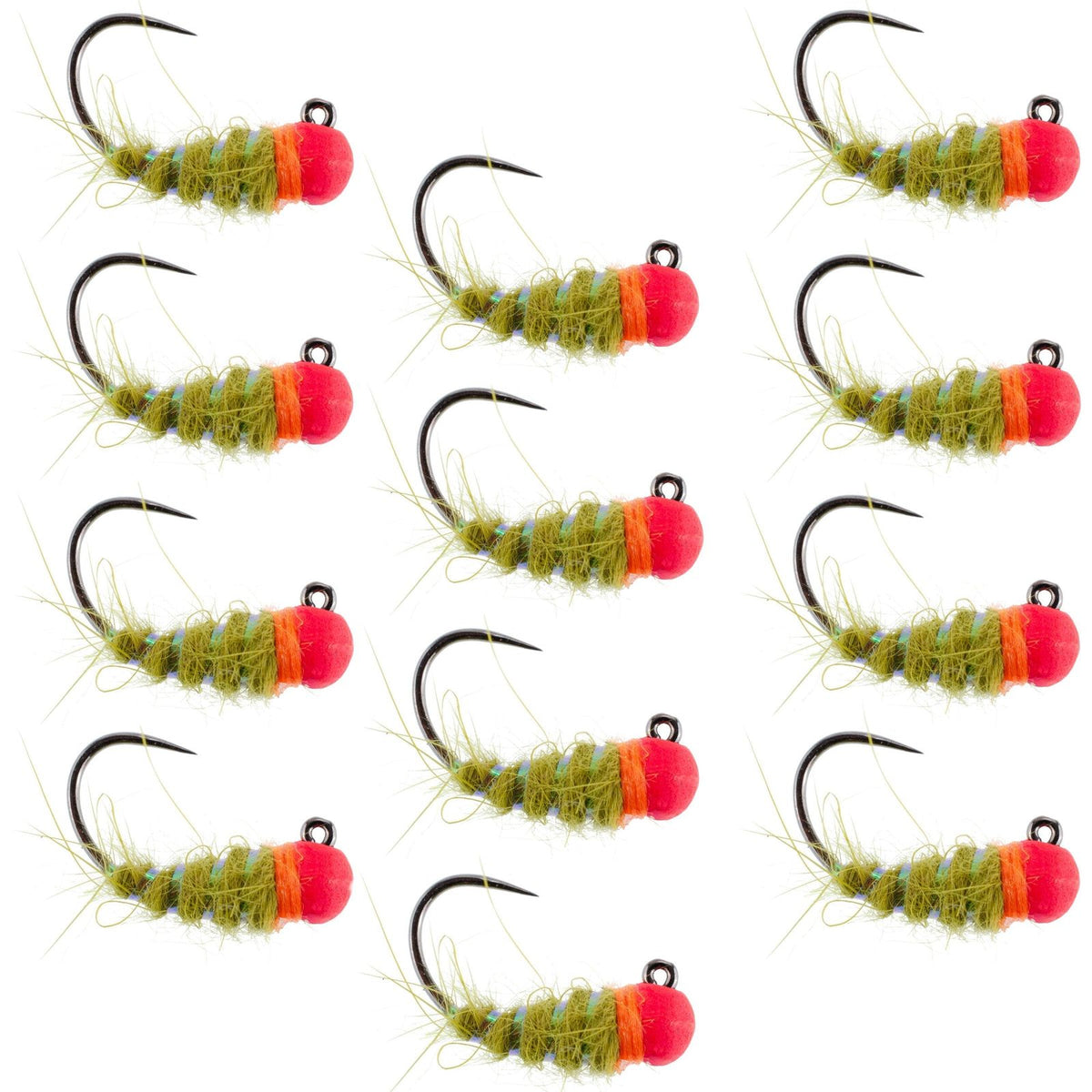 Set of 12 tungsten hot bead Walt's Worm Czech Nymph hooks for trout wet fly fishing, size 16, by The Fly Fishing Place.