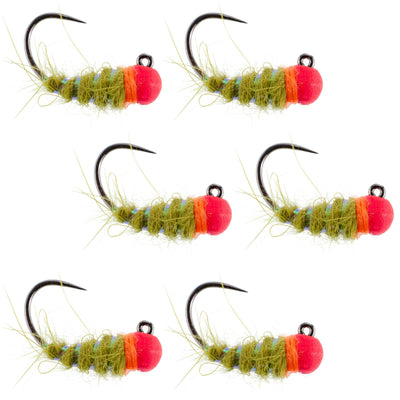 Set of 6 tungsten hot bead Walt's Worm jigs for Czech and Euro nymphing trout wet flies, size 16 hooks.