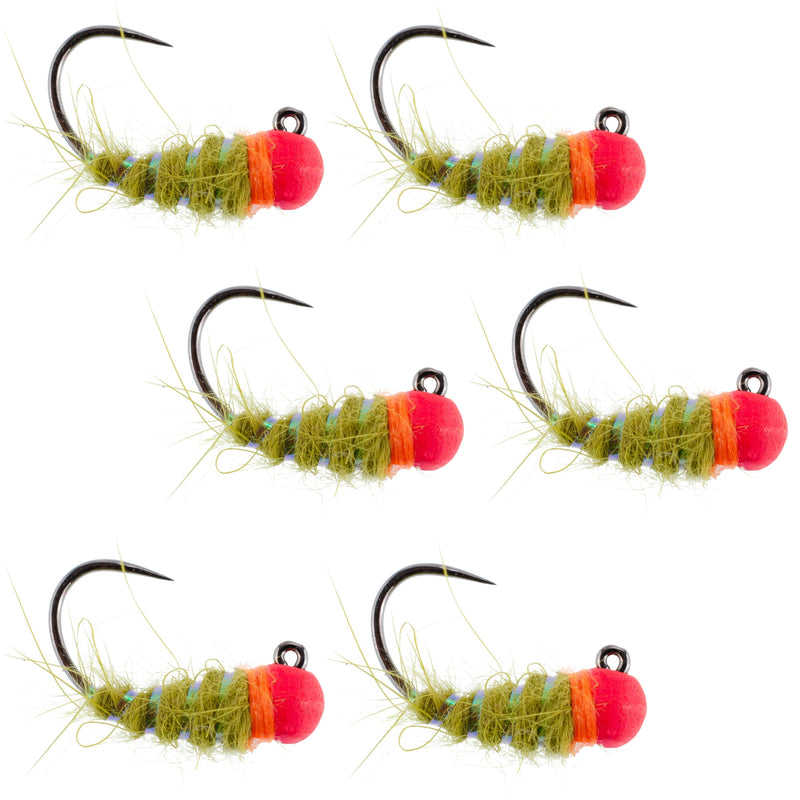 Set of 6 tungsten hot bead Walt's Worm jigs for Czech and Euro nymphing trout wet flies, size 16 hooks.