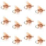 Set of 12 tan elk hair caddis trout dry flies in size 12, classic fly fishing flies for trout fishing.