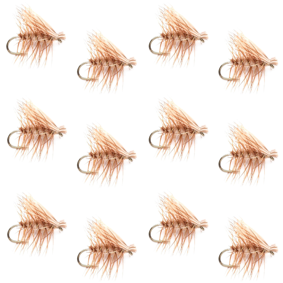 Set of 12 tan elk hair caddis trout dry flies in size 12, classic fly fishing flies for trout fishing.