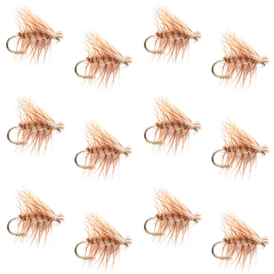 Set of 12 tan elk hair caddis trout dry flies in size 12, classic fly fishing flies for trout fishing.