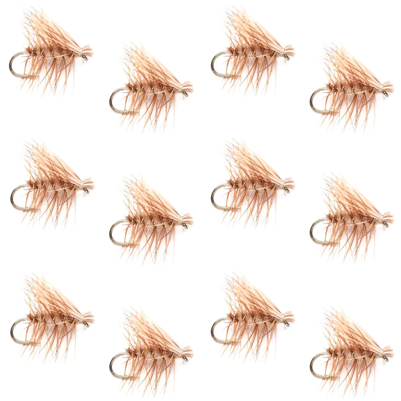 Set of 12 tan elk hair caddis trout dry flies in size 12, classic fly fishing flies for trout fishing.