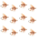 Set of 12 tan Elk Hair Caddis trout dry flies in size 16, classic fly fishing flies for trout fishing by The Fly Fishing Place.