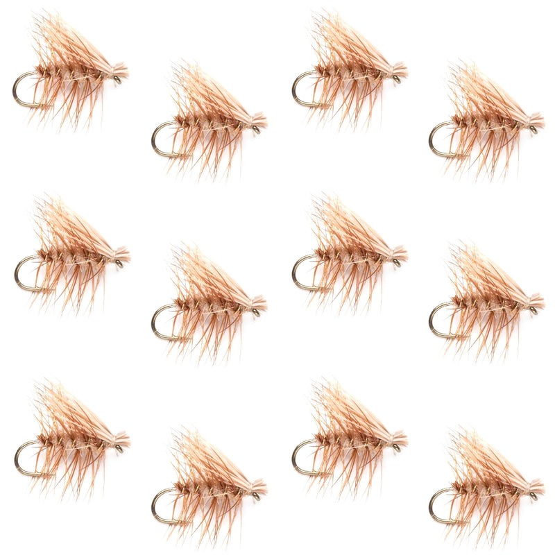 Set of 12 tan Elk Hair Caddis trout dry flies in size 16, classic fly fishing flies for trout fishing by The Fly Fishing Place.