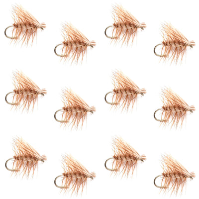 Set of 12 tan elk hair caddis dry flies for trout fishing, size 14, featuring barbless hooks from The Fly Fishing Place.