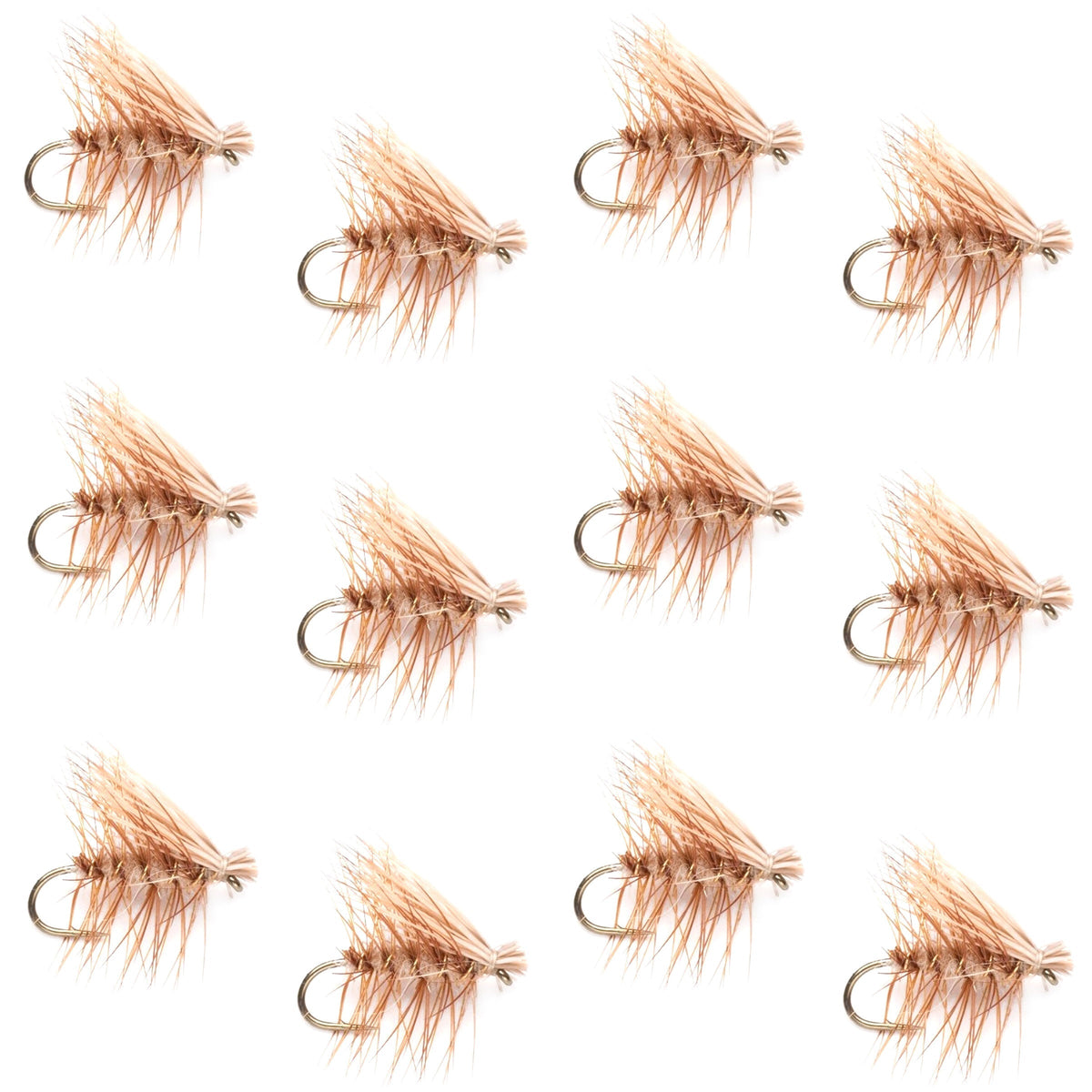 Set of 12 tan elk hair caddis dry flies for trout fishing, size 18, by The Fly Fishing Place.