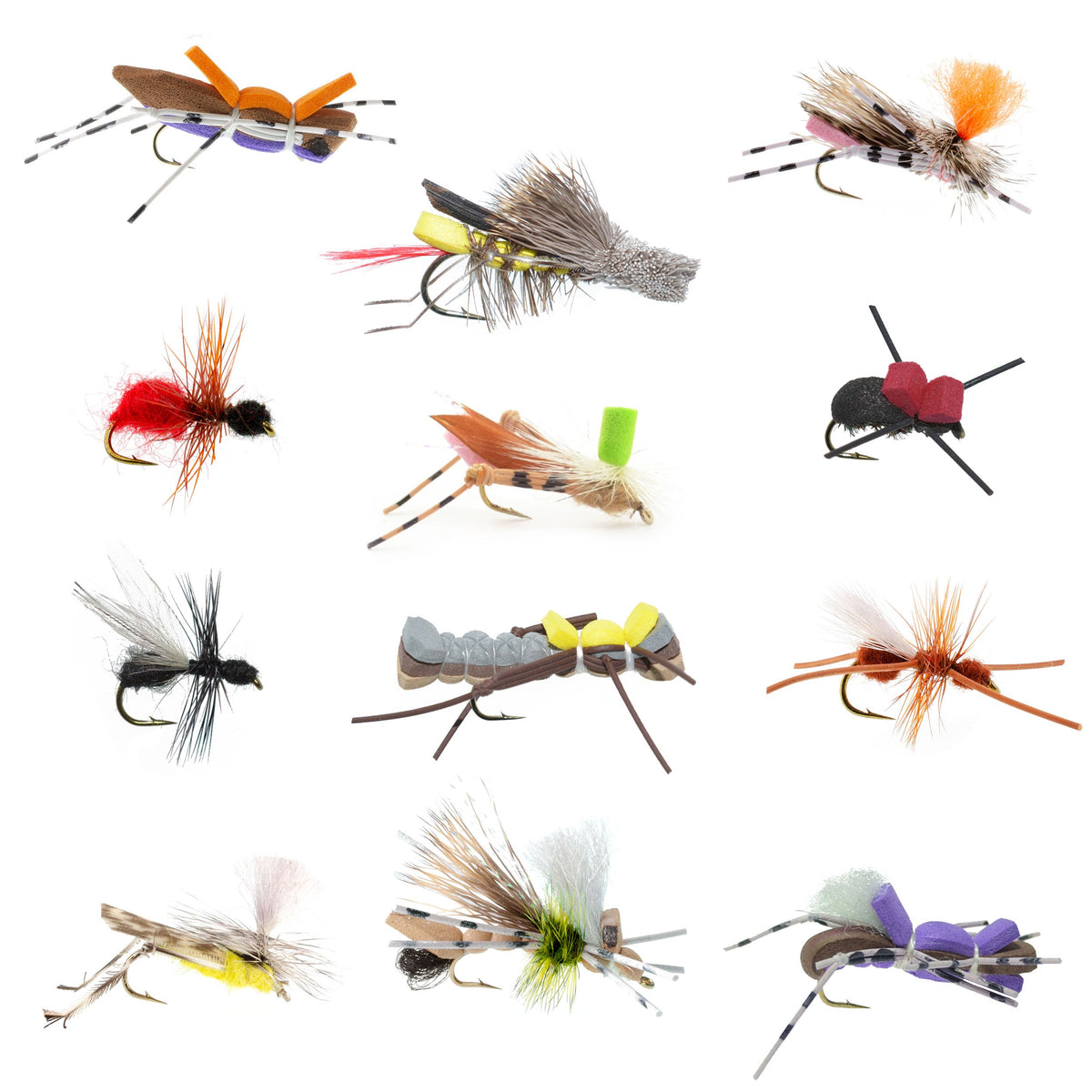 Premium terrestrial fly assortment by The Fly Fishing Place featuring 12 hopper, ant, and beetle flies with fly box for trout fishing.