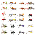 Assorted terrestrial flies including hoppers, ants, and beetles in a fly box for trout fishing by The Fly Fishing Place.