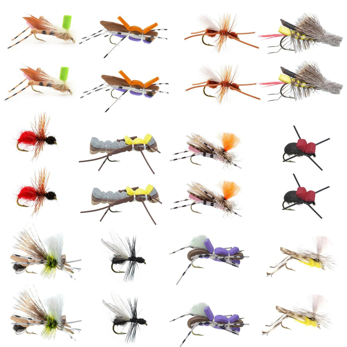 Assorted terrestrial flies including hoppers, ants, and beetles in a fly box for trout fishing by The Fly Fishing Place.